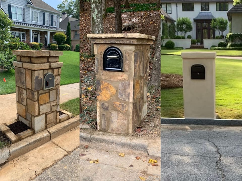 Three mailboxes: a geometric stone column with a planter, a classic stone column and a restored stucco column